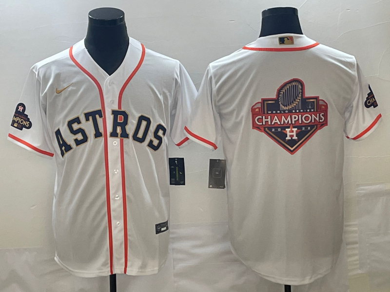 Men's Houston Astros White 2023 Gold Collection With World Serise Champions Patch Team Big Logo Cool Base Stitched Baseball Jersey Men's Houston Astros White 2023 Gold Collection With World Serise Champions Patch Team Big Logo Cool Base Stitched Baseball Jersey